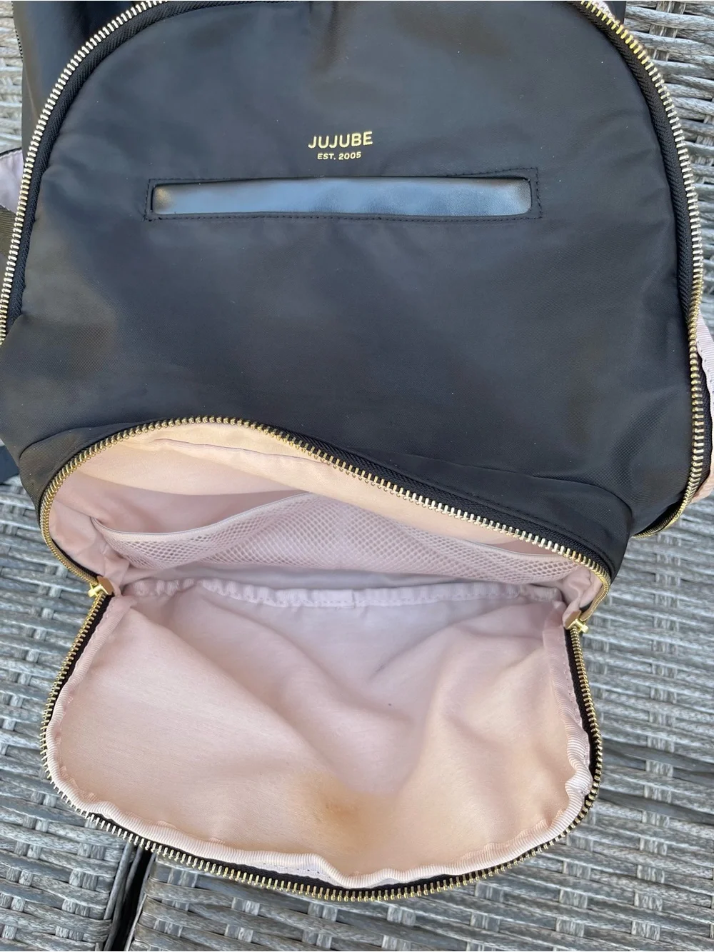 JuJuBe Black Backpack with Gold Hardware, and portable changing pad included